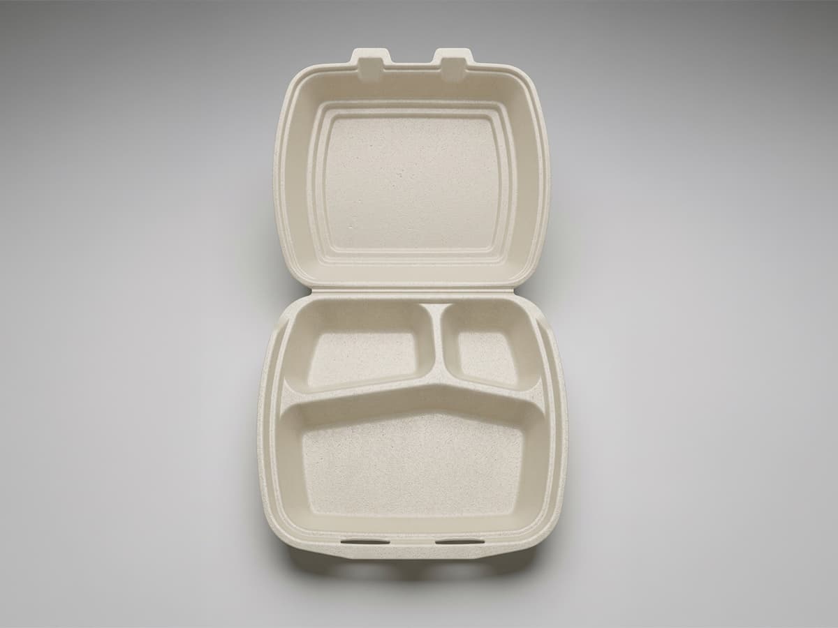 Food container with three compartments, open